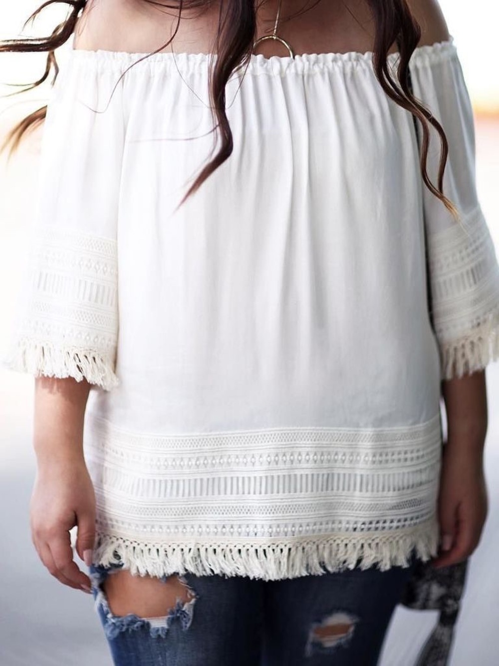 Sz Med Ella Moss White Off-Shoulder Fringe Boho Summer Top